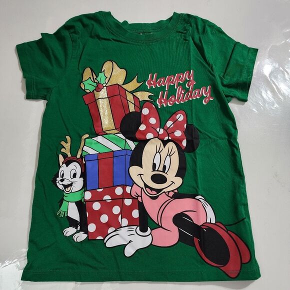 H&M Girls Disney Minnie Mouse & Figaro Christmas Holiday Green T-Shirt Size 8-10 - Picture 1 of 9